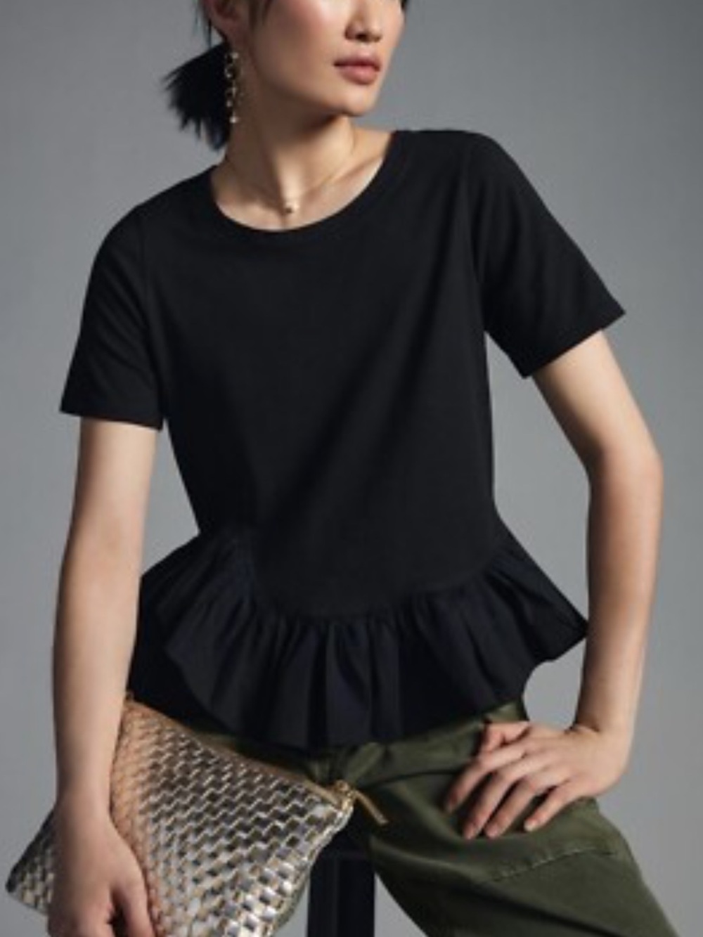 Maeve Anthropologie Ruffle-Hem Peplum Blouse Short Sleeve Top Black Small $98